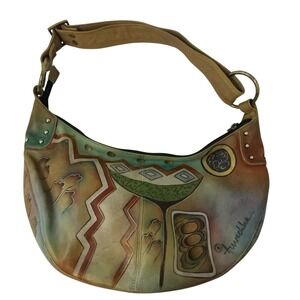 Anuschka Hand Painted Leather Hobo‎ Purse Shoulder Bag Whimsical Artsy Abstract